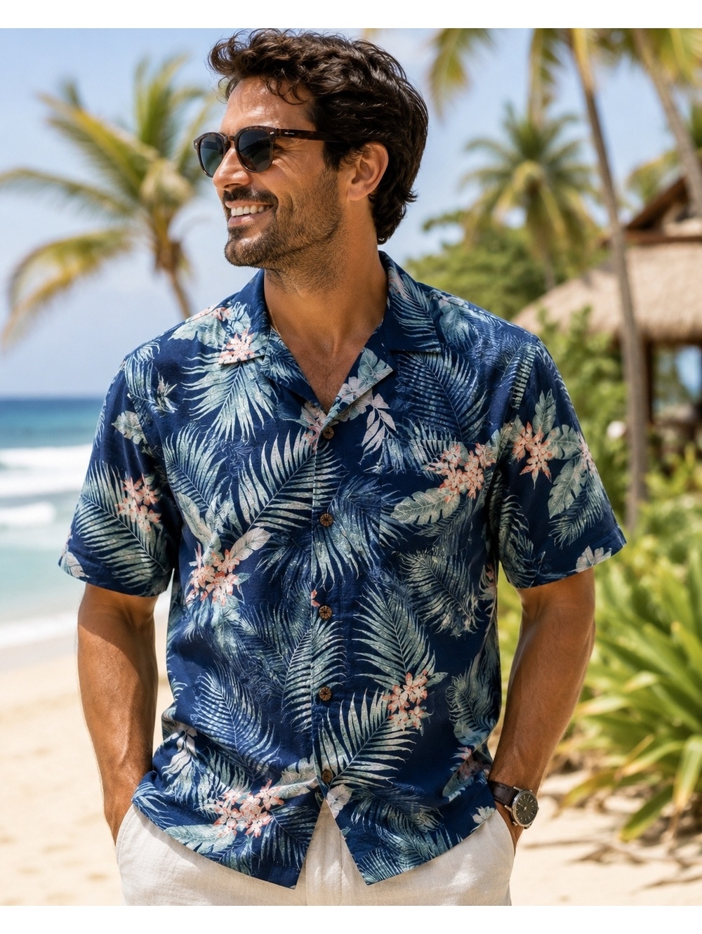 Caribbean Silk Blend Men’s Tropical Hawaiian Shirt | L | Navy Palm Print vintage